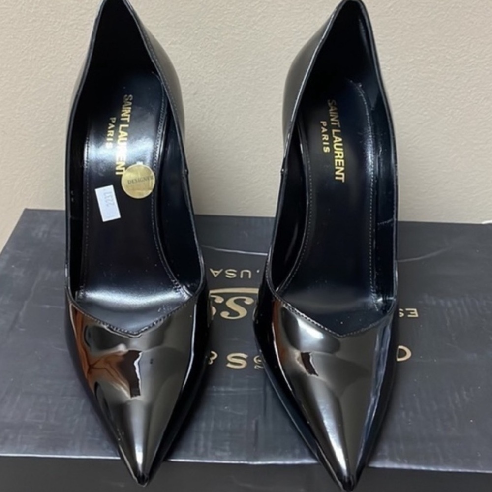 Saint Laurent Black Patent Leather Pointed-Toe Stiletto Pumps - Picture 4 of 11